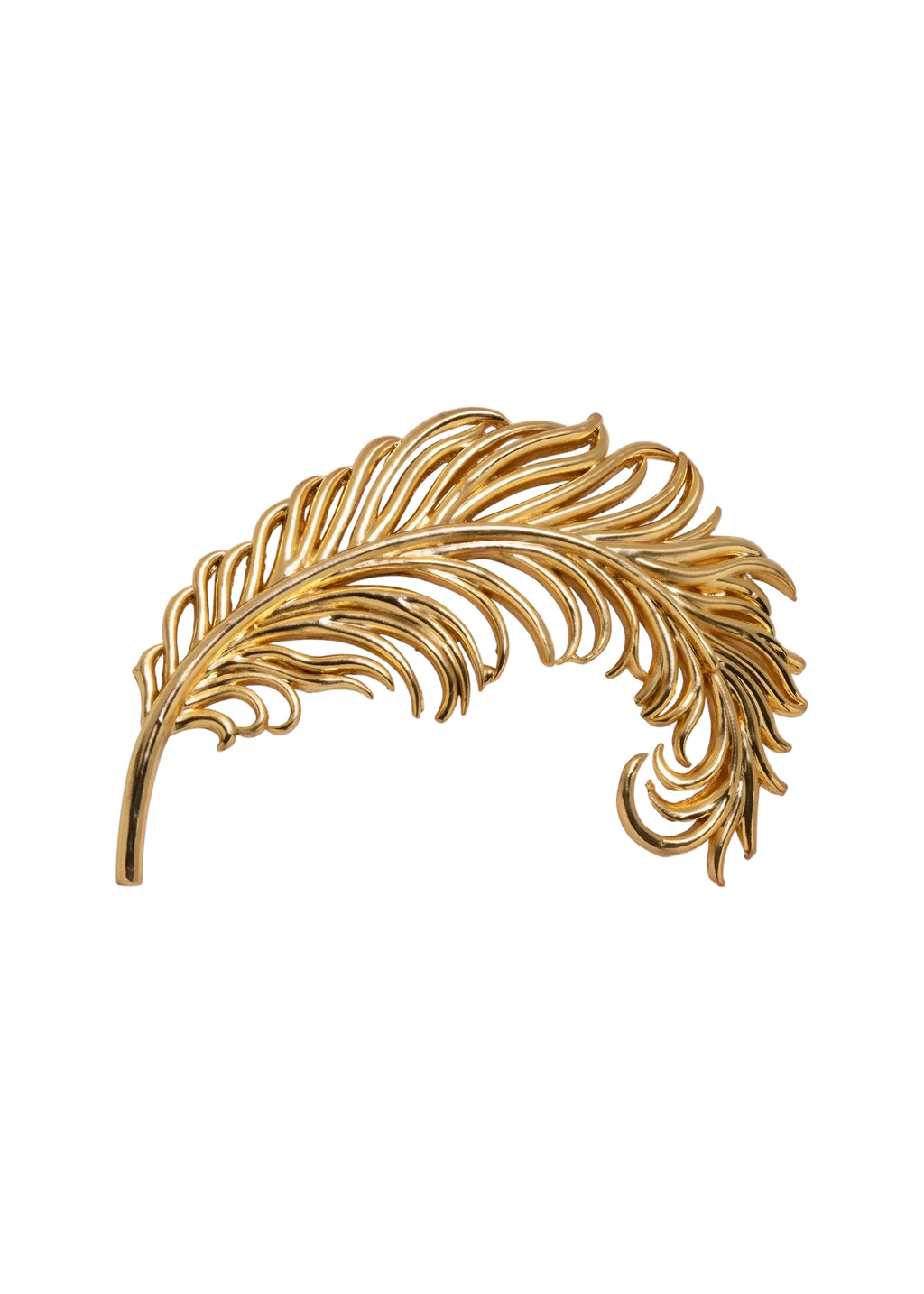 Front view of Plumaria Brooch in Gold showcasing its feather-inspired silhouette on a white background