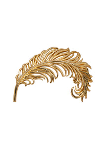 Front view of Plumaria Brooch in Gold showcasing its feather-inspired silhouette on a white background