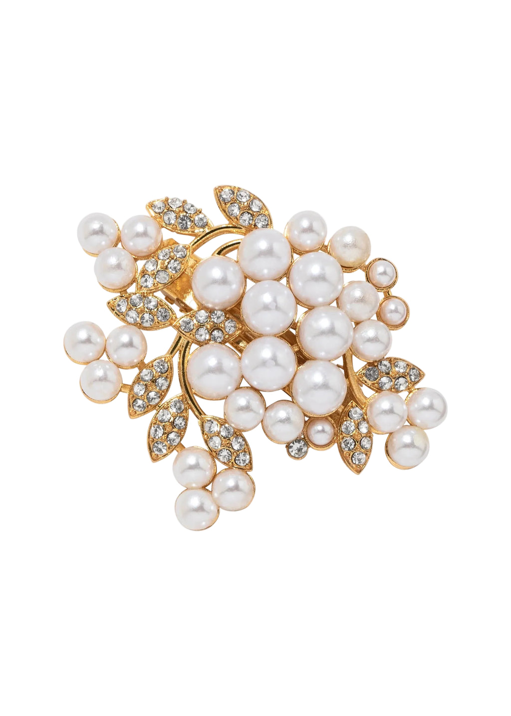 Front view of Verona Brooch in Pearl Gold showcasing crystal pearls and crystal-studded leaf details on a white background