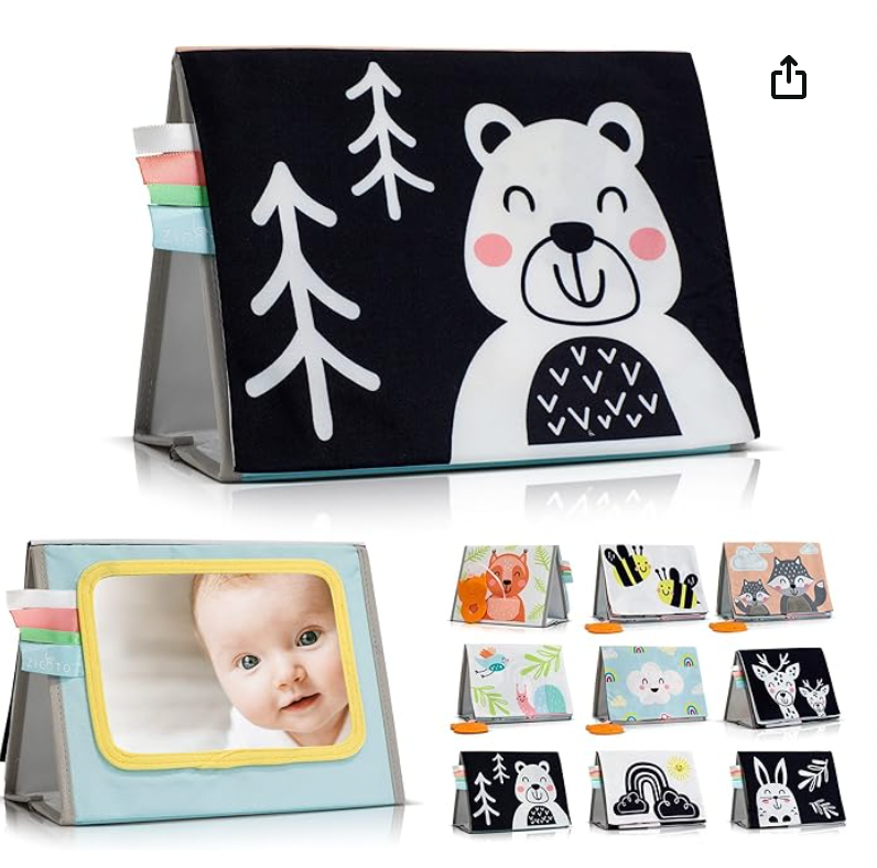 ZICOTO Soft Tummy Time Book with Large Stimulating Baby Safe Mirror - High Contrast Montessori Sensory Developmental Toy for Newborn/Infant 0-3 & 3-6 Months