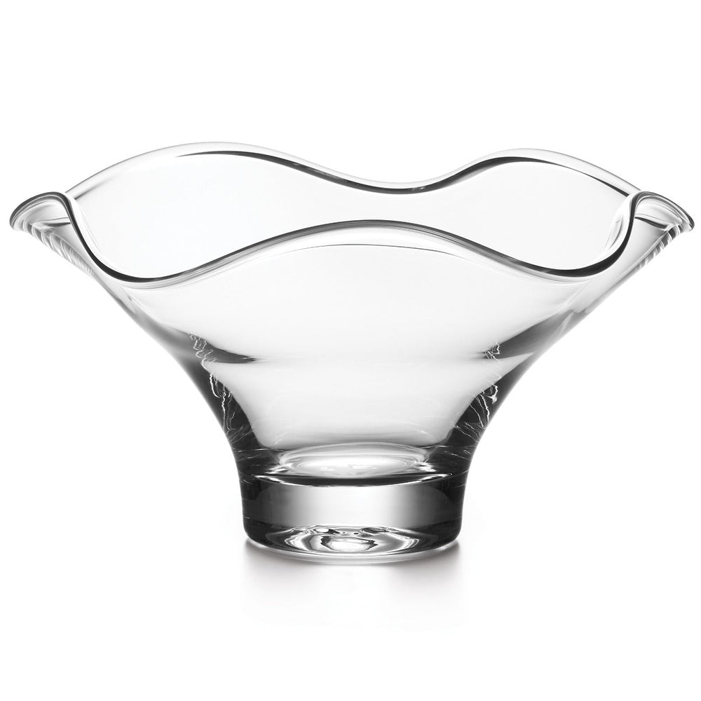 Front view of Chelsea Bowl showcasing ruffled petal rim and clear handblown glass on white background