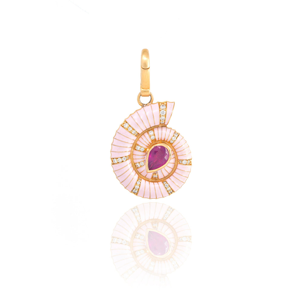 Front view of Helix Shell Charm with pink enamel, pear-shaped center stone and diamond accents on 18k yellow gold