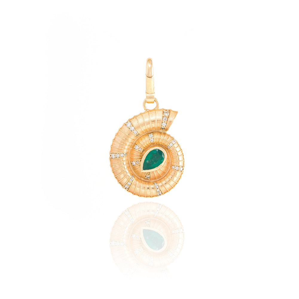 Front view of Helix Shell Charm in yellow gold with pear-shaped green center stone and pave diamonds on white background