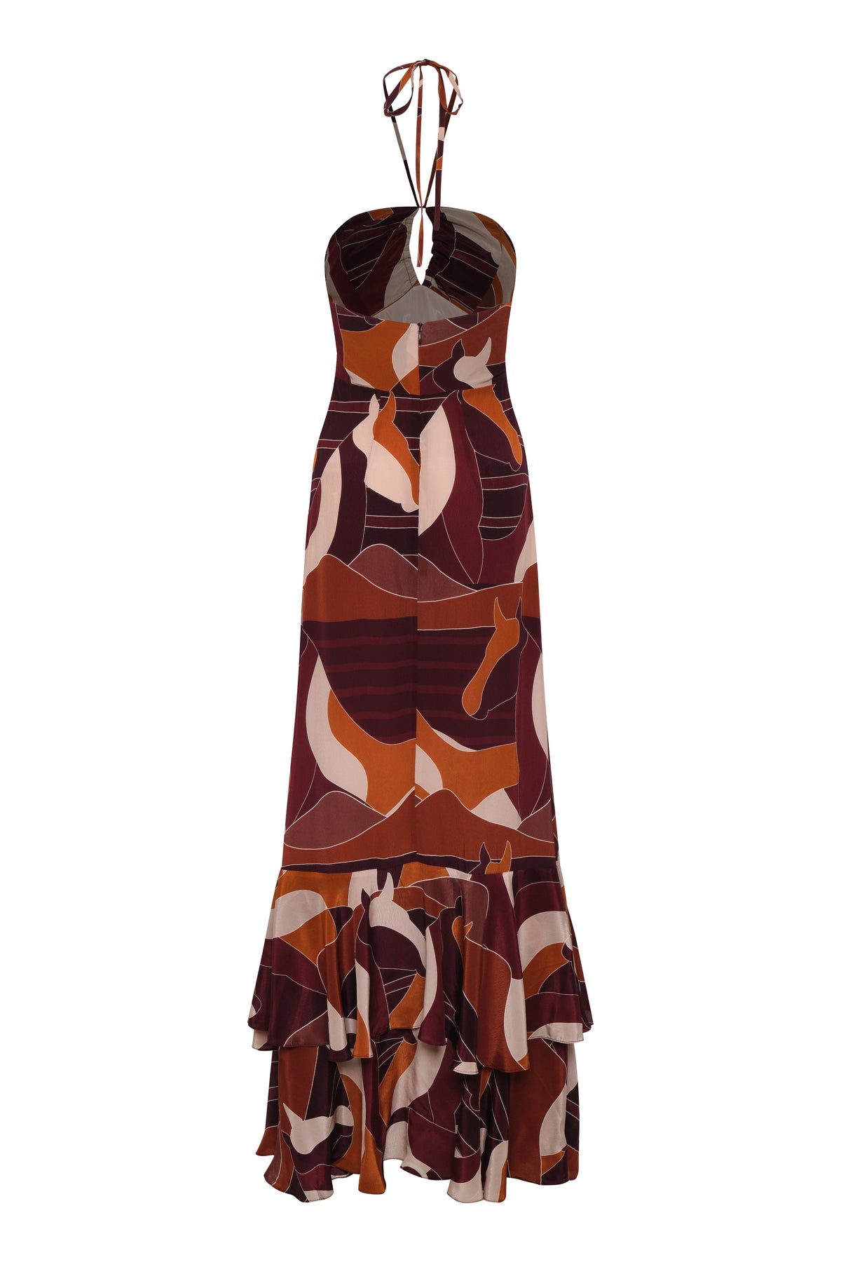 Front view of Sevillana crepe chine maxi dress with halter tie, keyhole bodice, tiered ruffle hem and purple horses print