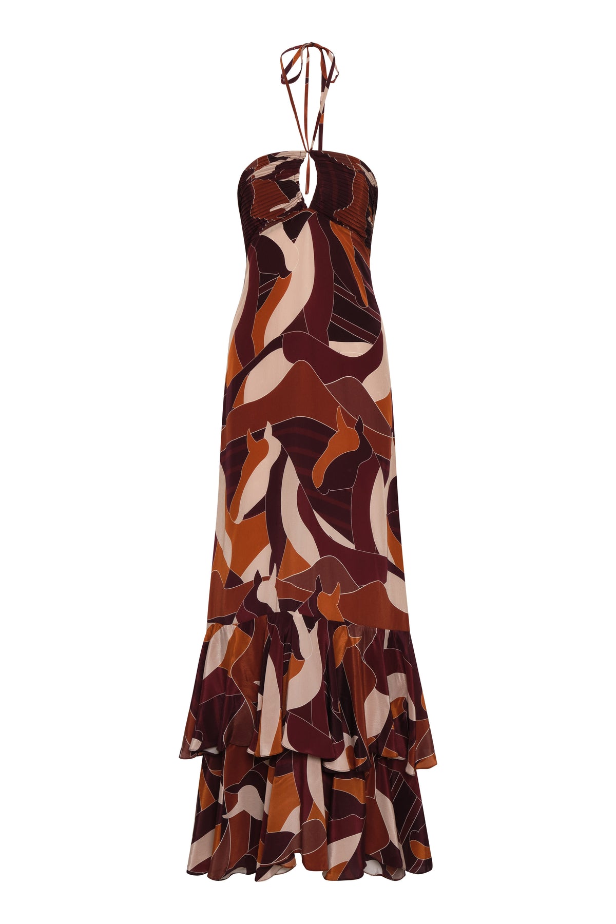Front view of Sevillana crepe chine maxi dress showcasing halter tie, front keyhole, layered ruffle hem on white background
