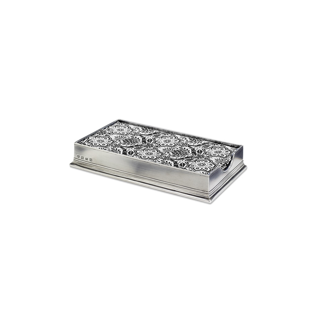 Angled view of the Dinner Napkin Guest Towel Box showcasing its patterned top and pewter base on a white background