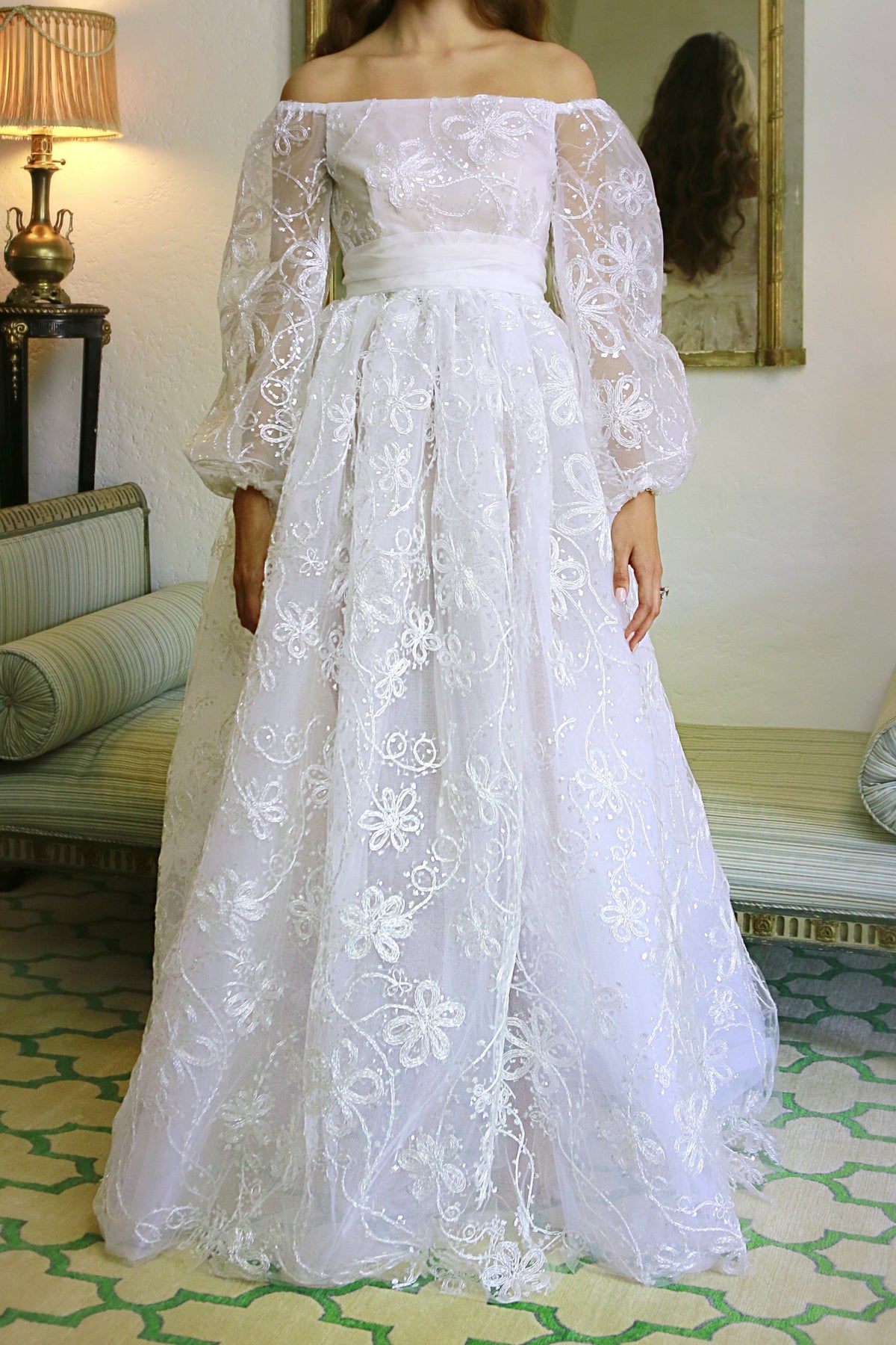 Off-The-Shoulder Full Sleeve Embroidered Organza Gown with Pearl Raffia