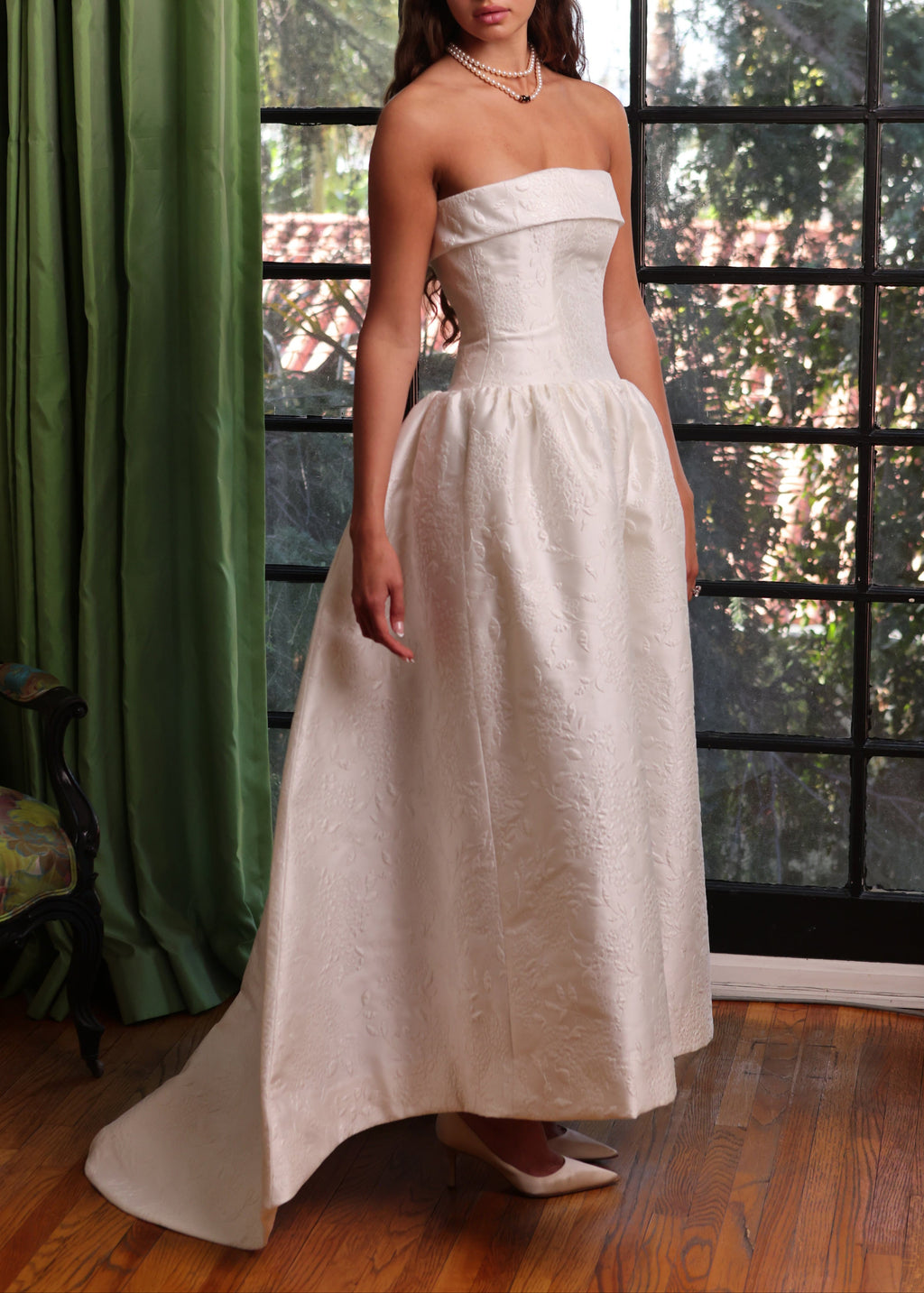 Strapless Drop Waist Gown in White 2