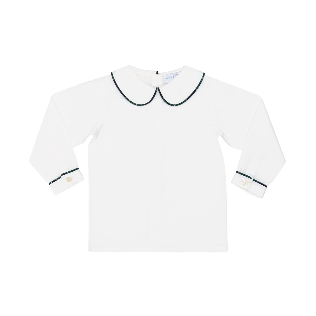 Henry Duvall boys white Peter Pan collar shirt with Newbury Tartan trim, classic holiday layering piece to coordinate with green and navy tartan outfits
