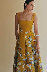 Floral Faille Square Neck Full Dress in Ochre Multi