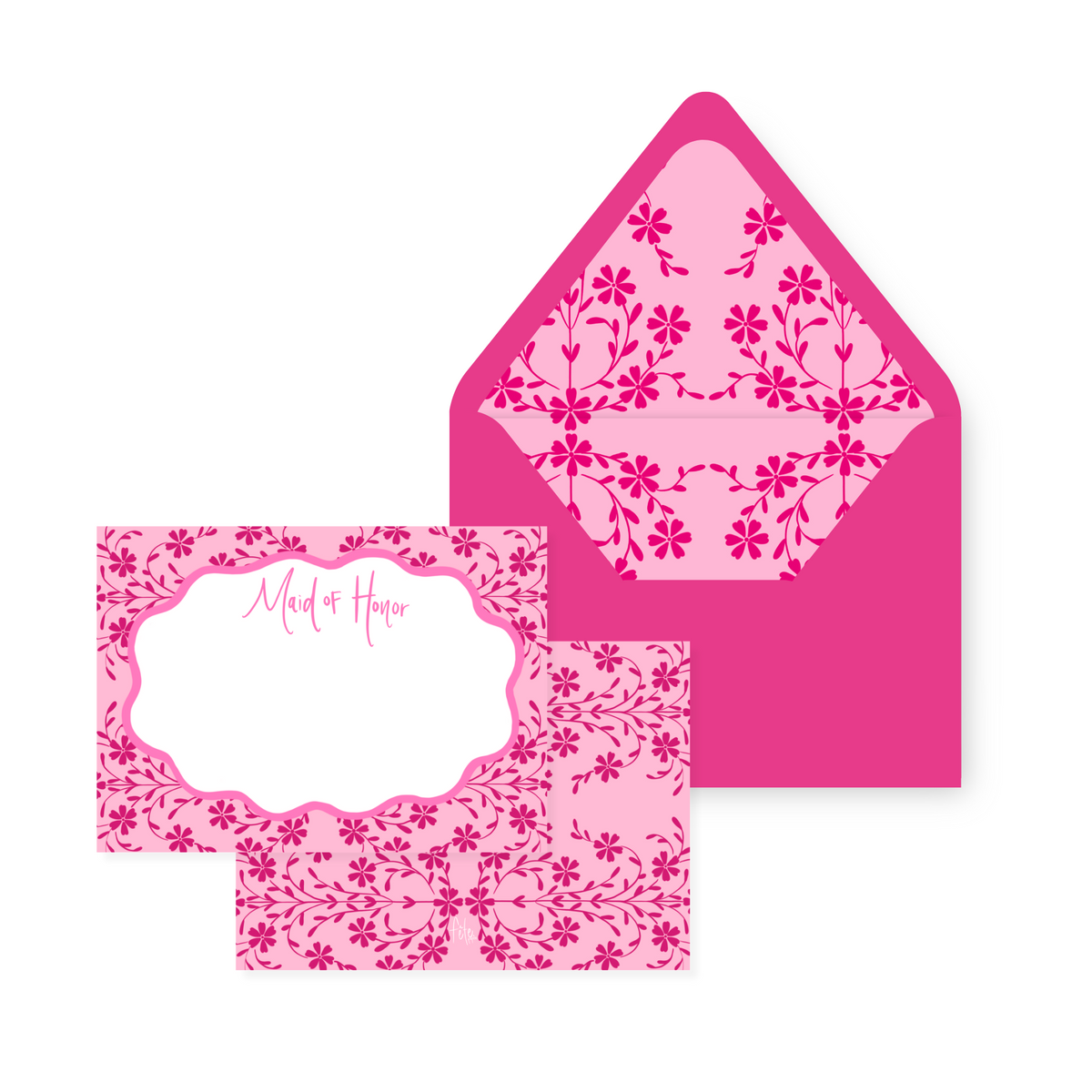 Front of Blushing Botanical Gardens stationery card with ‘Maid of Honor’ name area and matching floral lined hot pink envelope