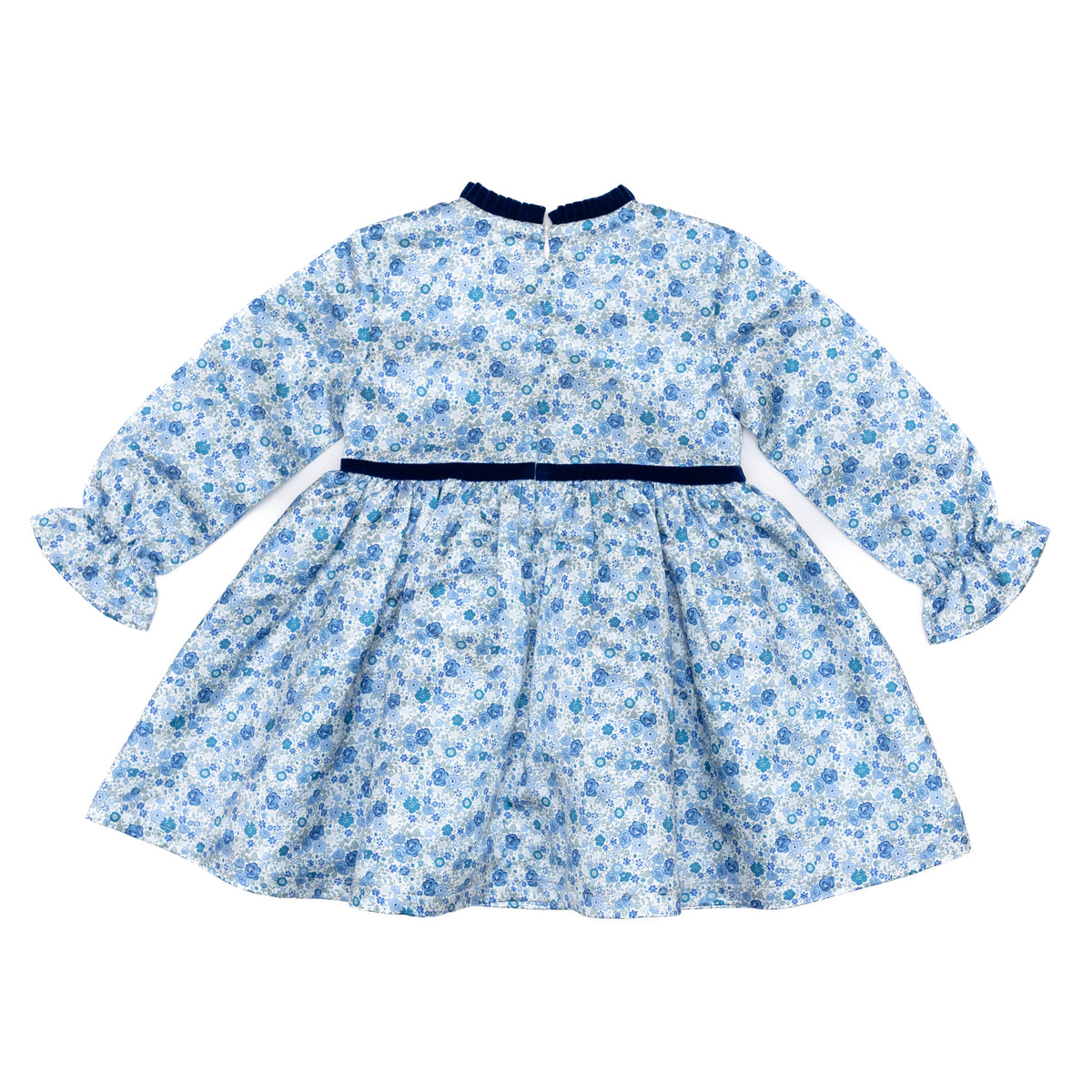 Henry Duvall Hazel Dress in Prescott Petals floral with Back Bay Blue Velvet bow, vintage length fall dress for girls, perfect for sibling sets and mother-daughter matching