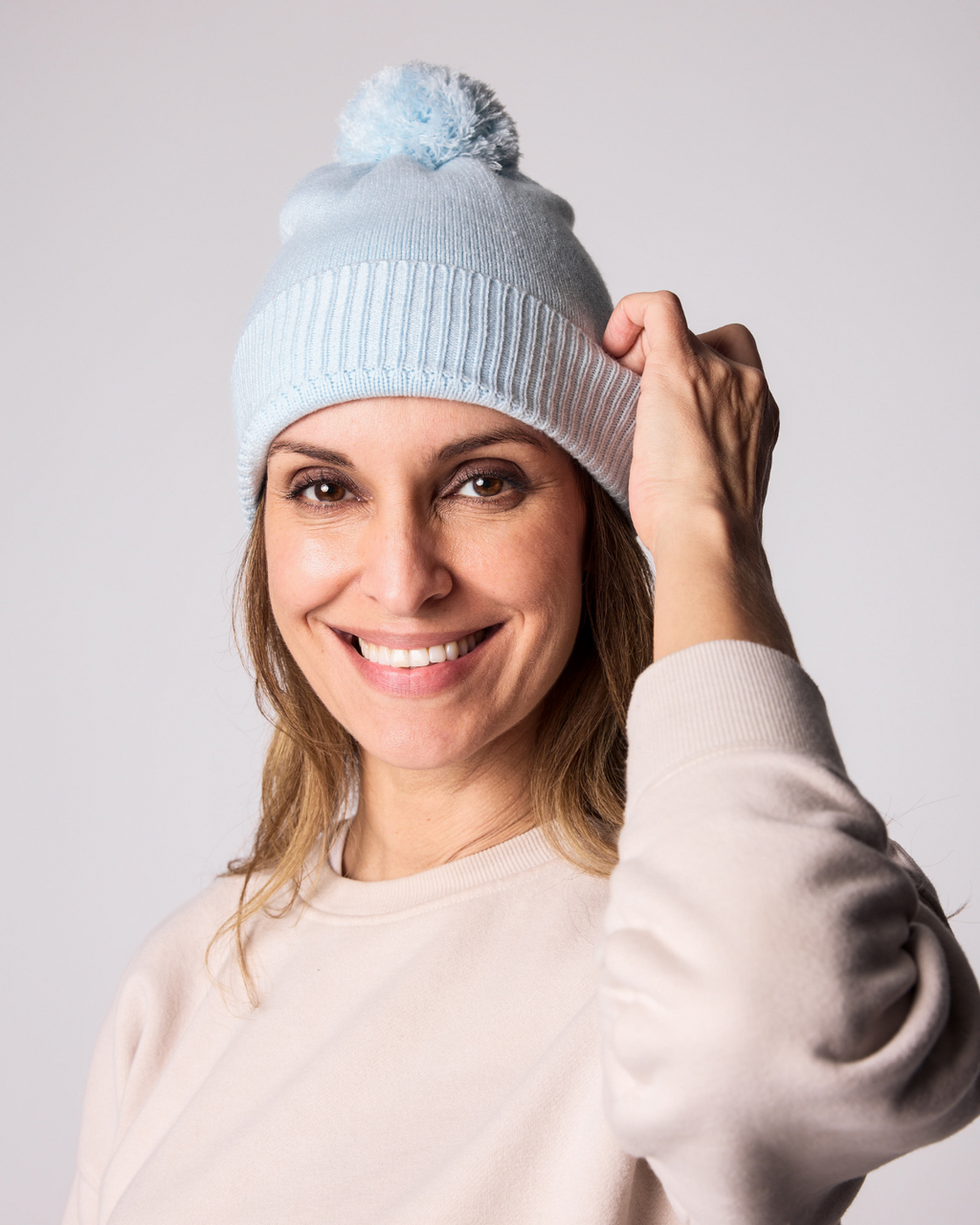 Cloud Blue Knit Winter Hat with Knit Pom