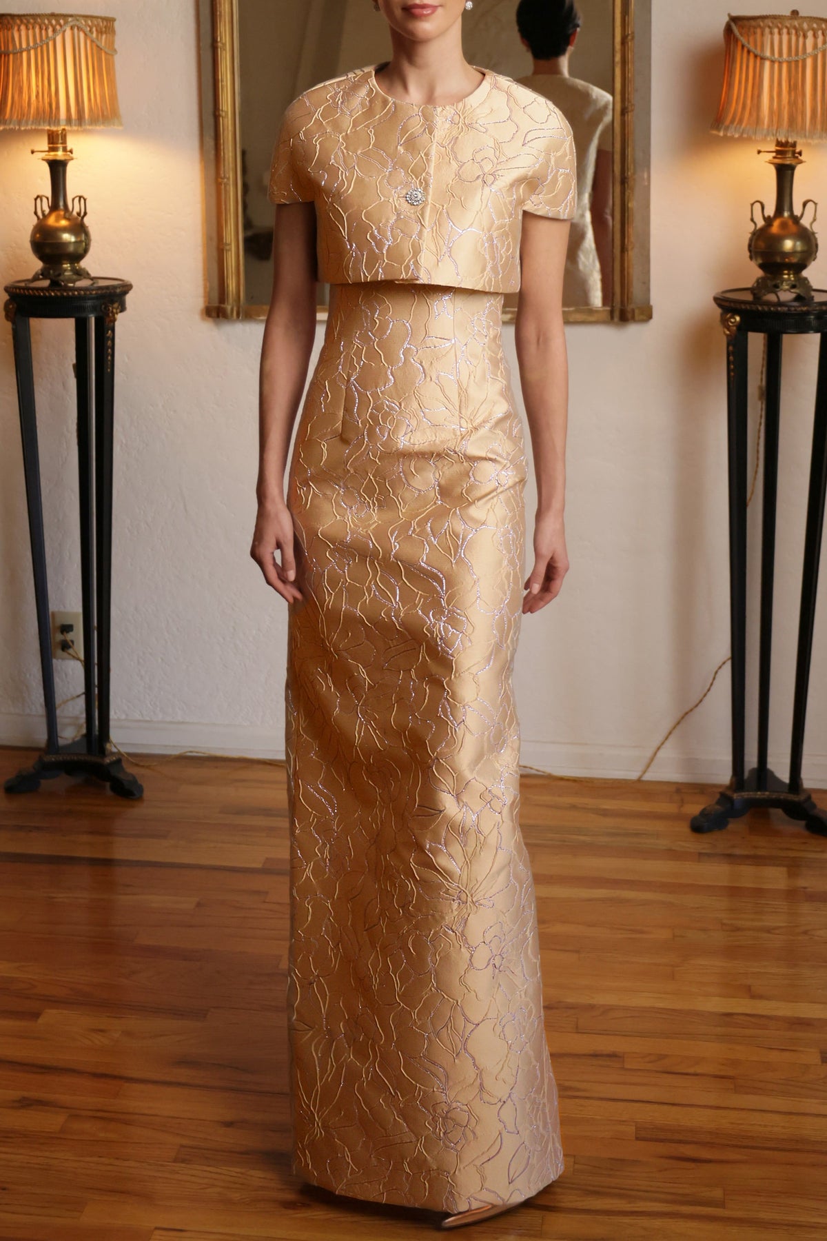 High Waisted Column Gown in Créme & Metallic Silver Silk Blend French Brocade