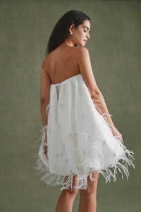 Cloud Dress in Ivory Satin with Feather Embellishment