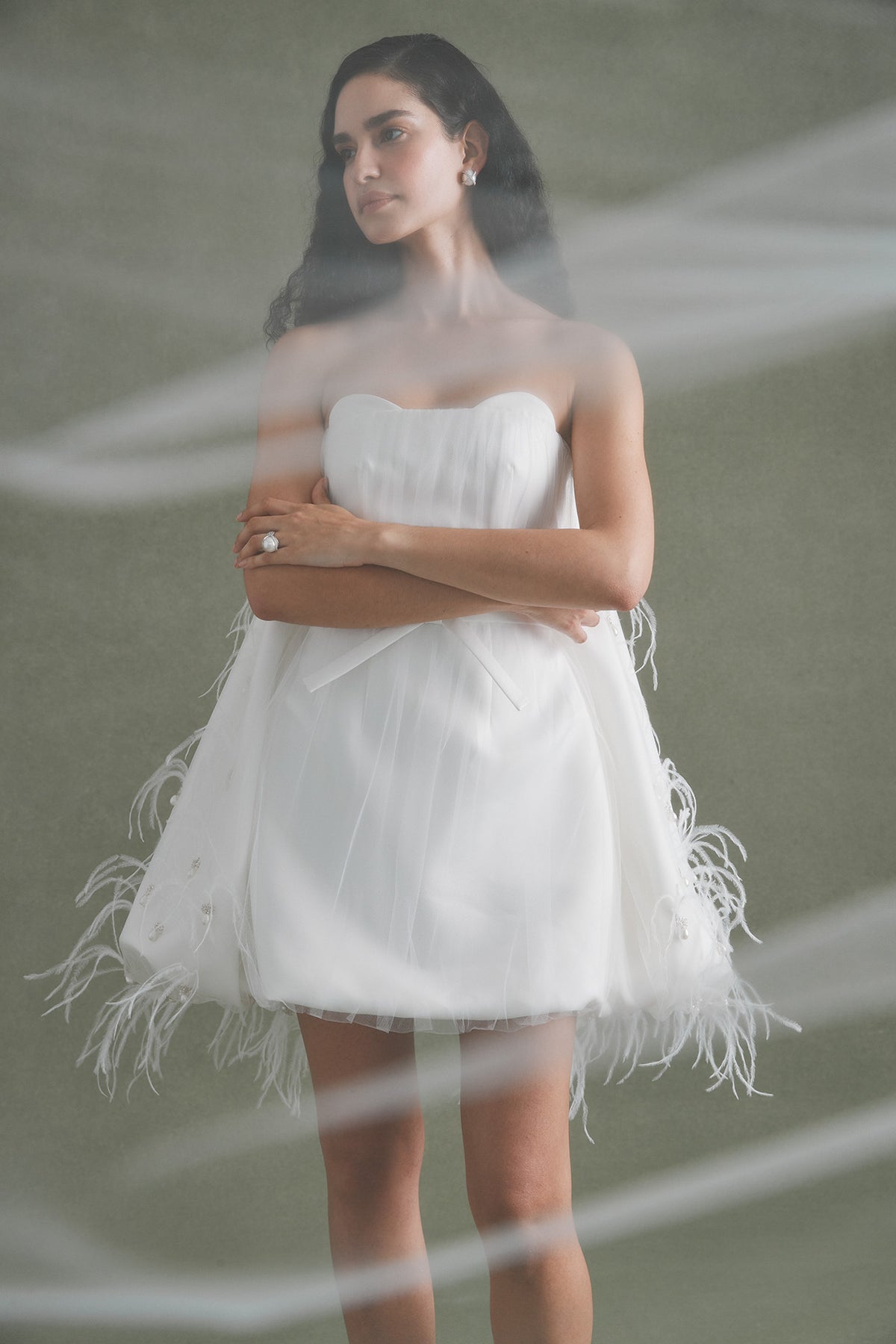 Cloud Dress in Ivory Satin with Feather Embellishment