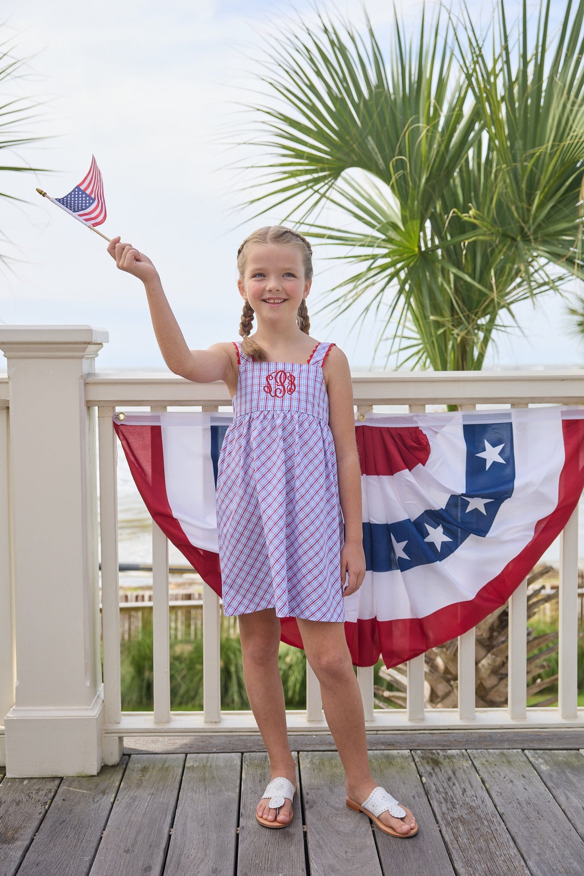 Little English traditional children's clothing.  Patriotic red and blue plaid dress for little girls.  Fourth of July outfit for little girls