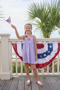 Little English traditional children's clothing.  Patriotic red and blue plaid dress for little girls.  Fourth of July outfit for little girls