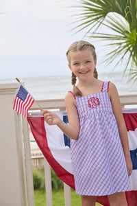 Little English traditional children's clothing.  Patriotic red and blue plaid dress for little girls.  Fourth of July outfit for little girls
