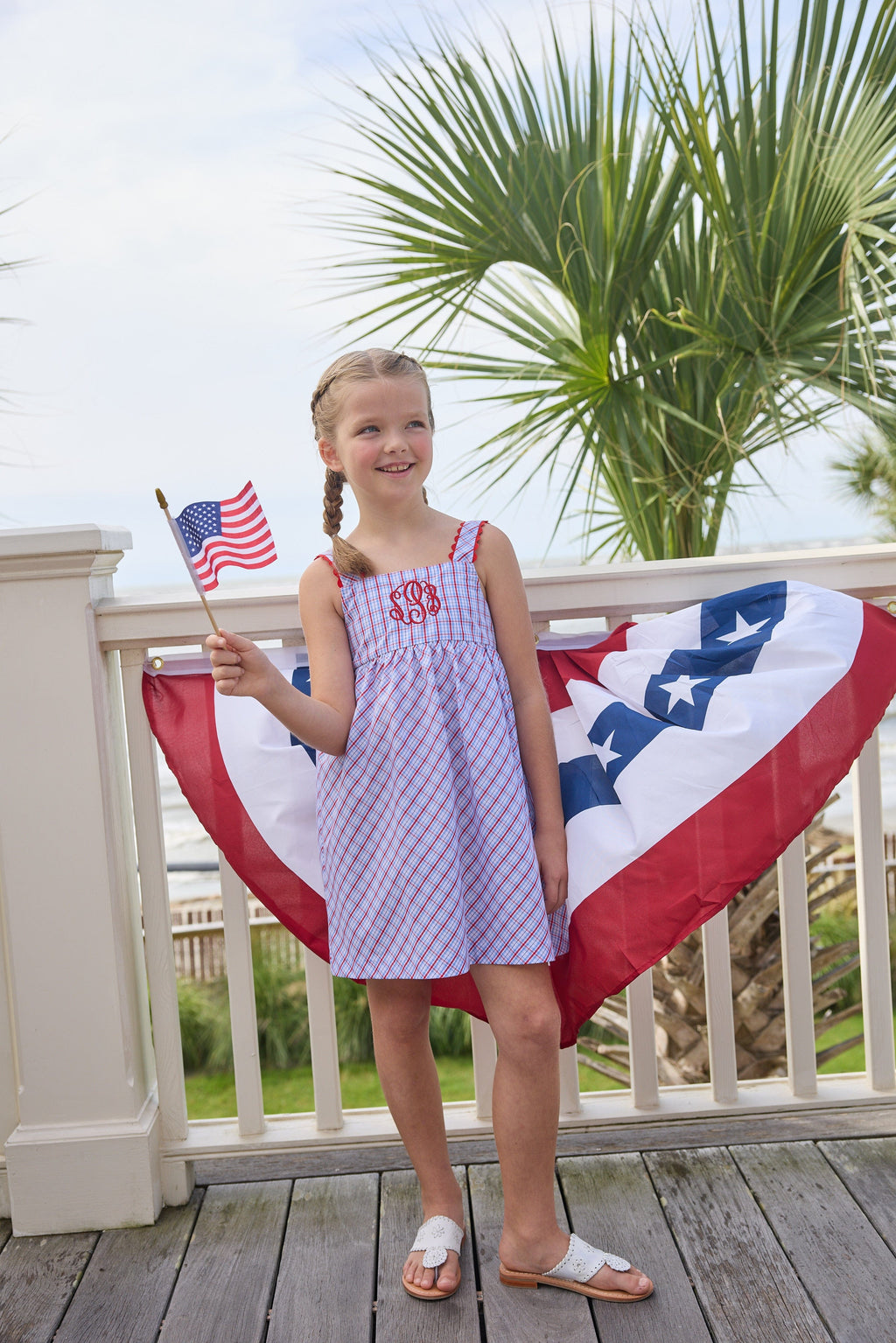 Little English traditional children's clothing.  Patriotic red and blue plaid dress for little girls.  Fourth of July outfit for little girls