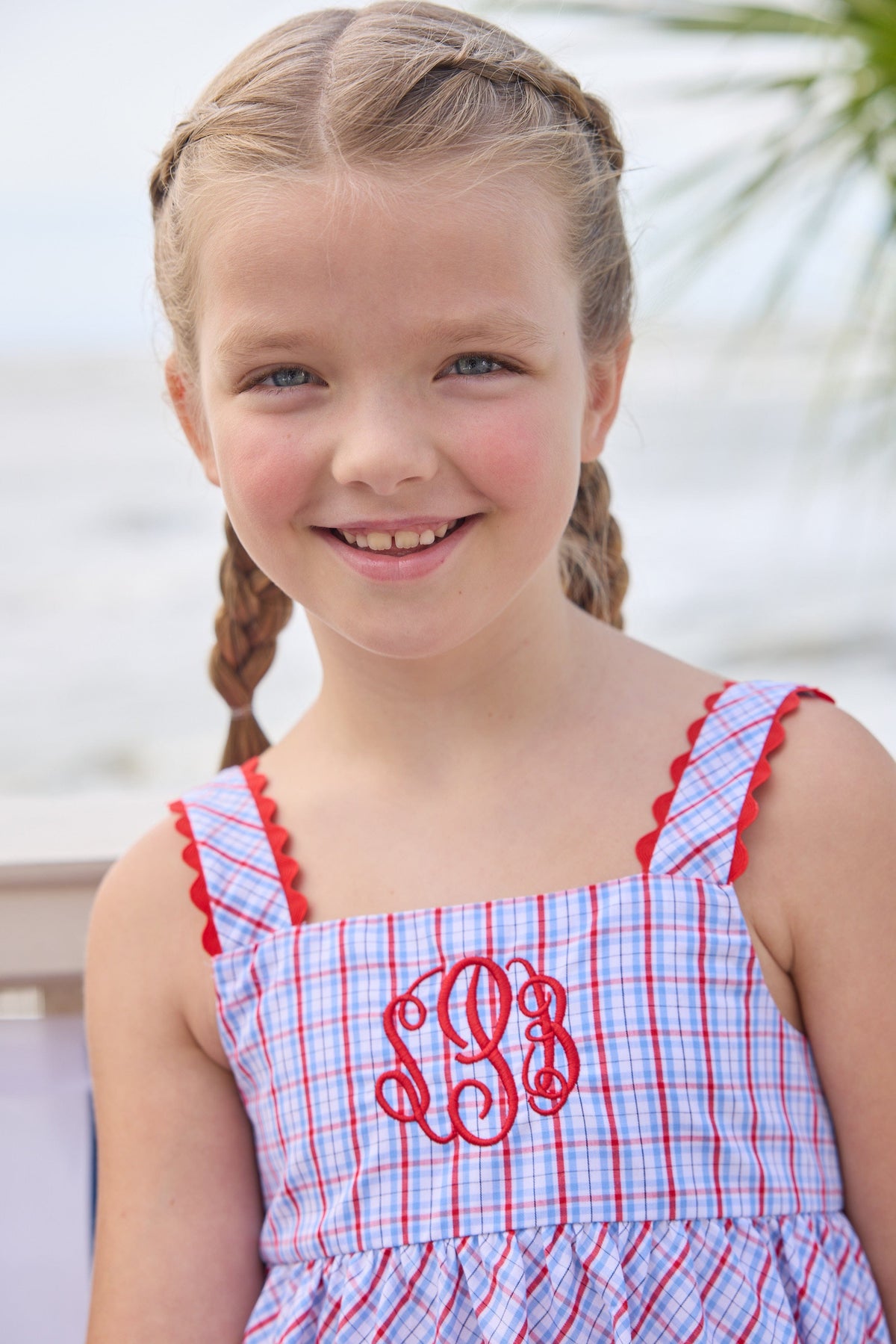 Little English traditional children's clothing.  Patriotic red and blue plaid dress for little girls.  Fourth of July outfit for little girls