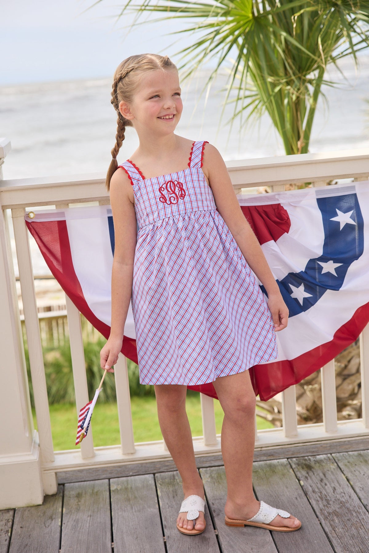 Little English traditional children's clothing.  Patriotic red and blue plaid dress for little girls.  Fourth of July outfit for little girls