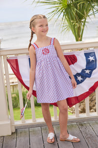 Little English traditional children's clothing.  Patriotic red and blue plaid dress for little girls.  Fourth of July outfit for little girls