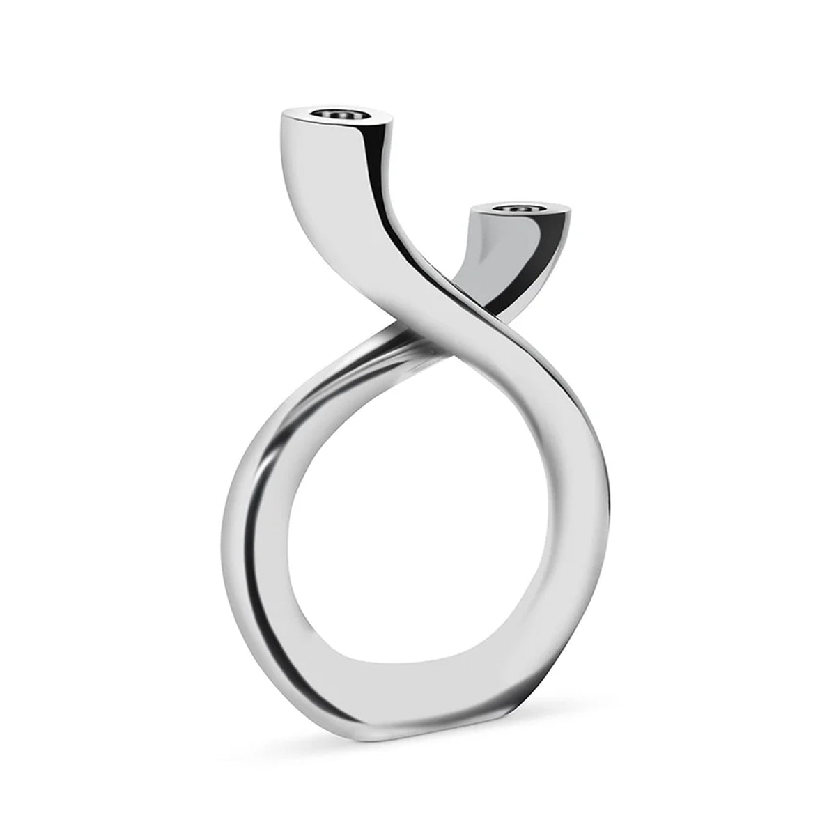 Front view of 12-inch Tango candleholder showcasing twisted double-taper design and polished silver alloy on white backdrop
