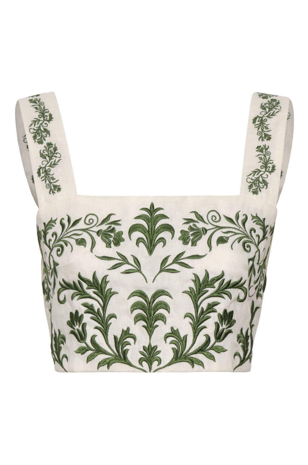 Marimba Embroidered Linen Top in Ivory Green Buganvilias