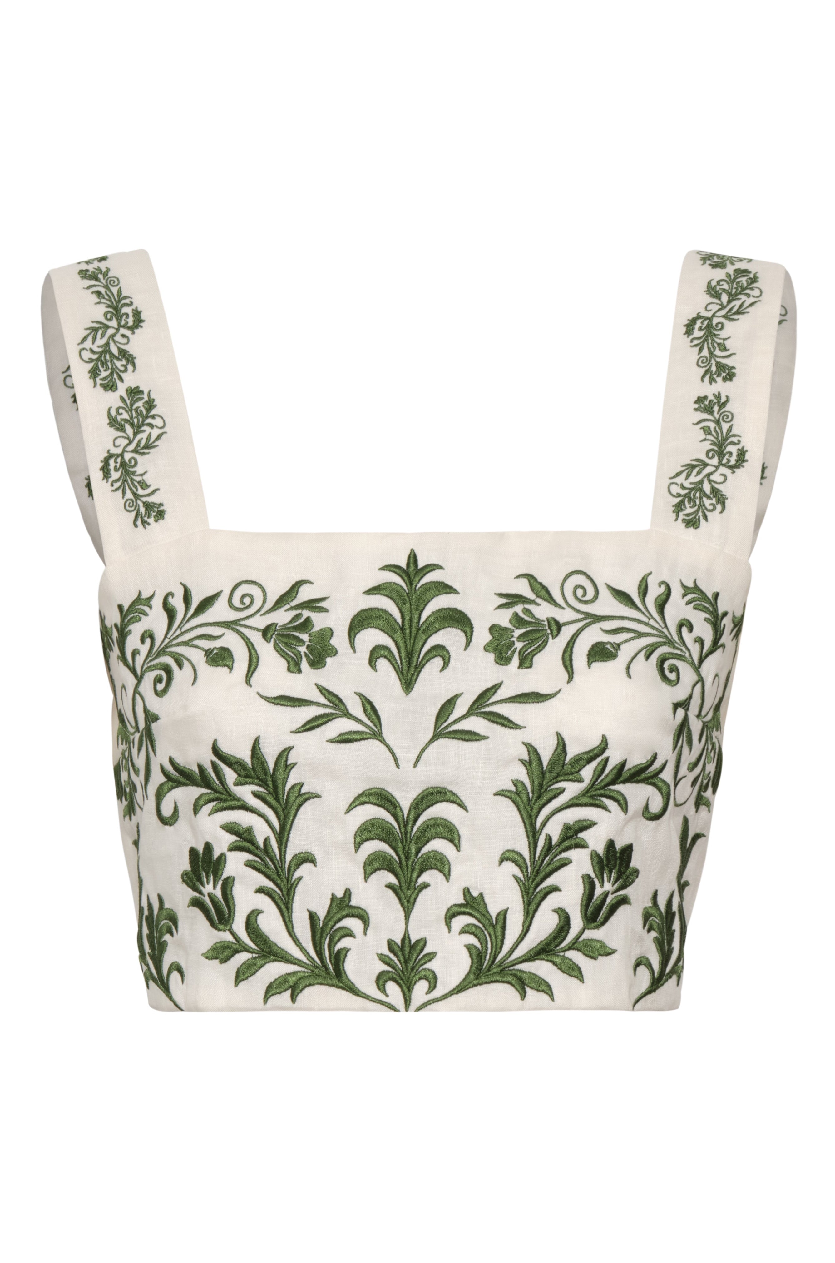 Marimba Embroidered Linen Top in Ivory Green Buganvilias