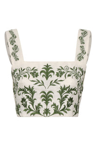 Marimba Embroidered Linen Top in Ivory Green Buganvilias