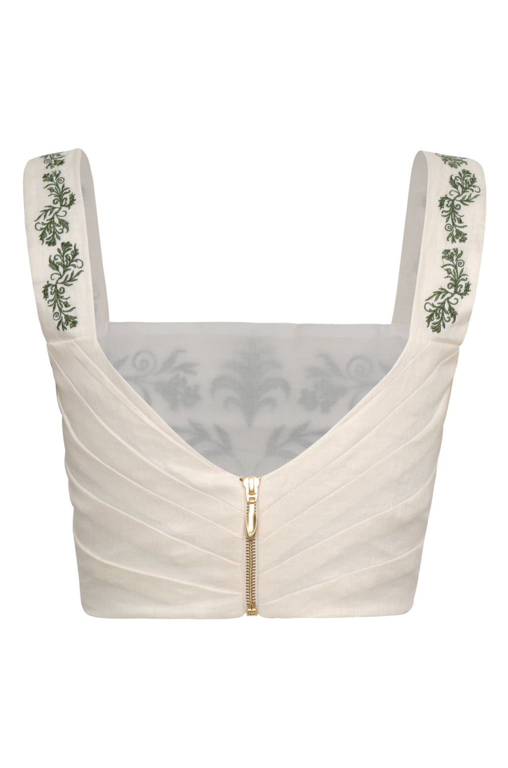 Marimba Embroidered Linen Top in Ivory Green Buganvilias