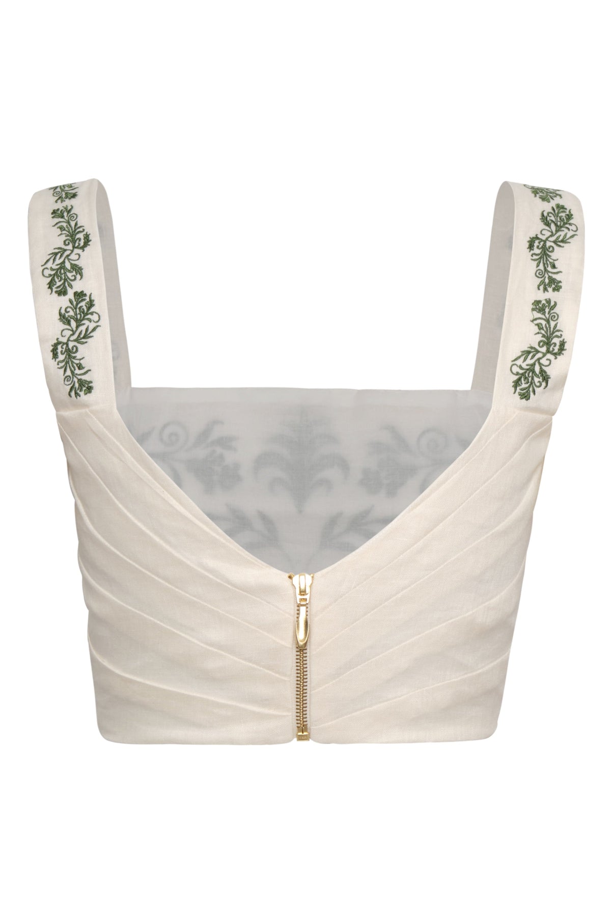 Marimba Embroidered Linen Top in Ivory Green Buganvilias