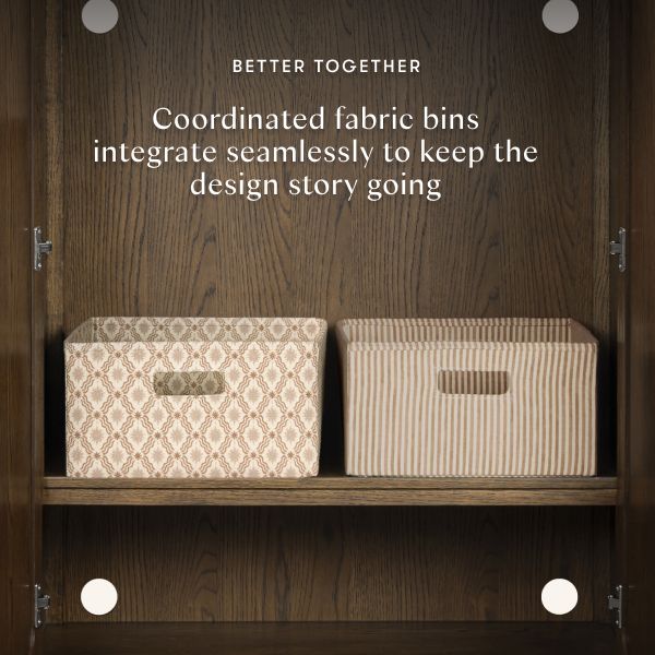 Interior view of Astre Assembled Armoire in Toffee with two coordinated fabric bins and Better Together design story