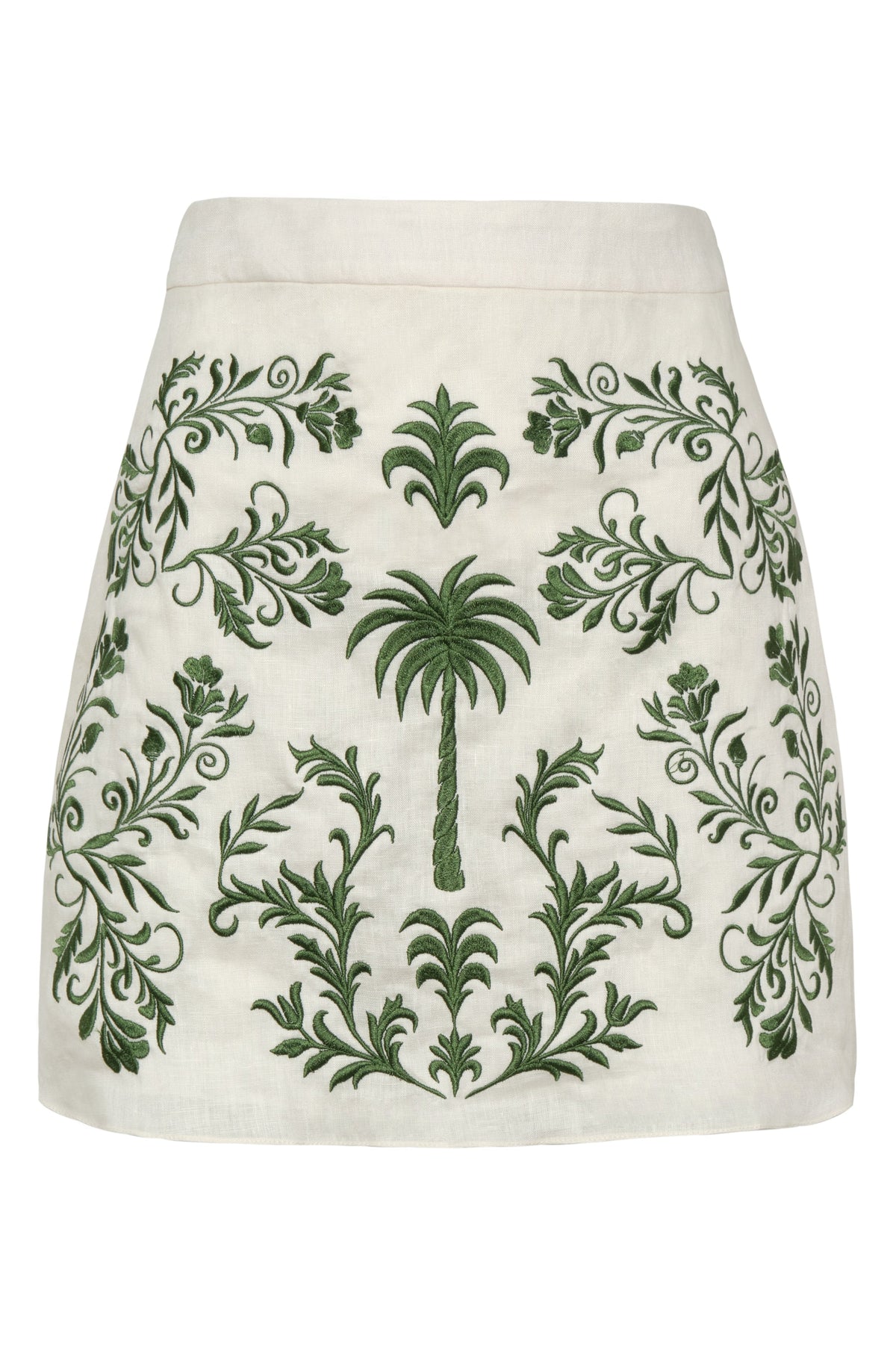 Carmelita Embroidered Linen Mini Skirt in Ivory Green Buganvilias