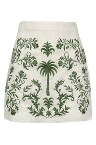 Carmelita Embroidered Linen Mini Skirt in Ivory Green Buganvilias