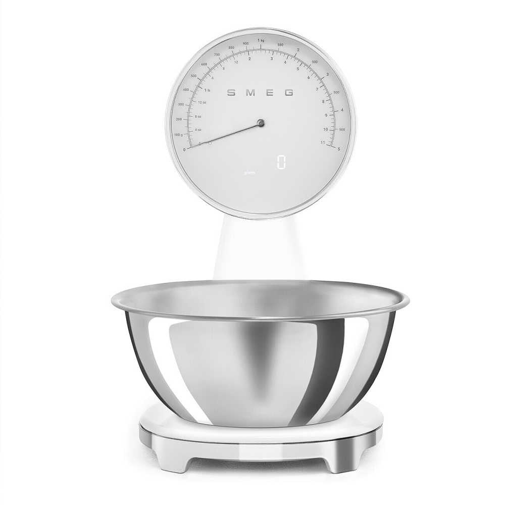 Front view of white SMEG 50s Kitchen Scale showcasing analog and digital displays and stainless steel bowl on white background