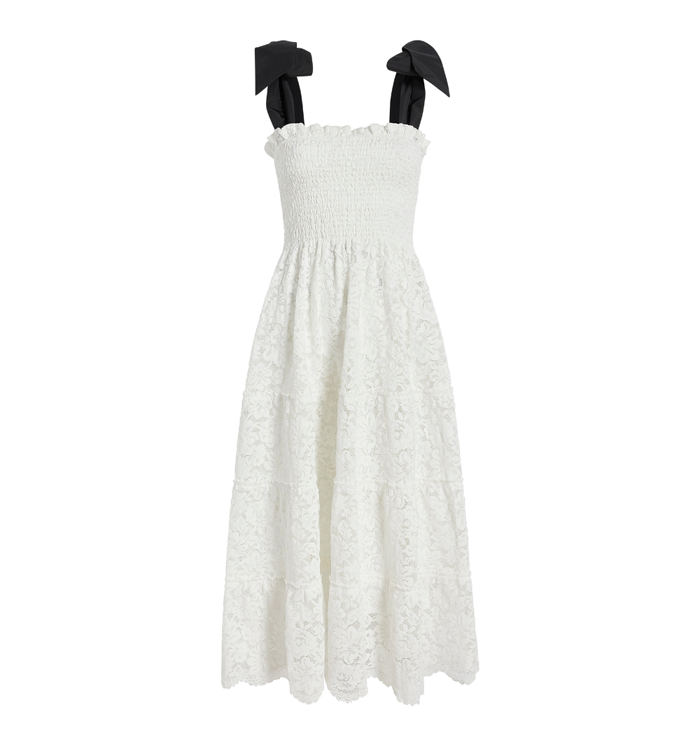 The Lace Ribbon Ellie Nap Dress in White Lace with Black Ribbon