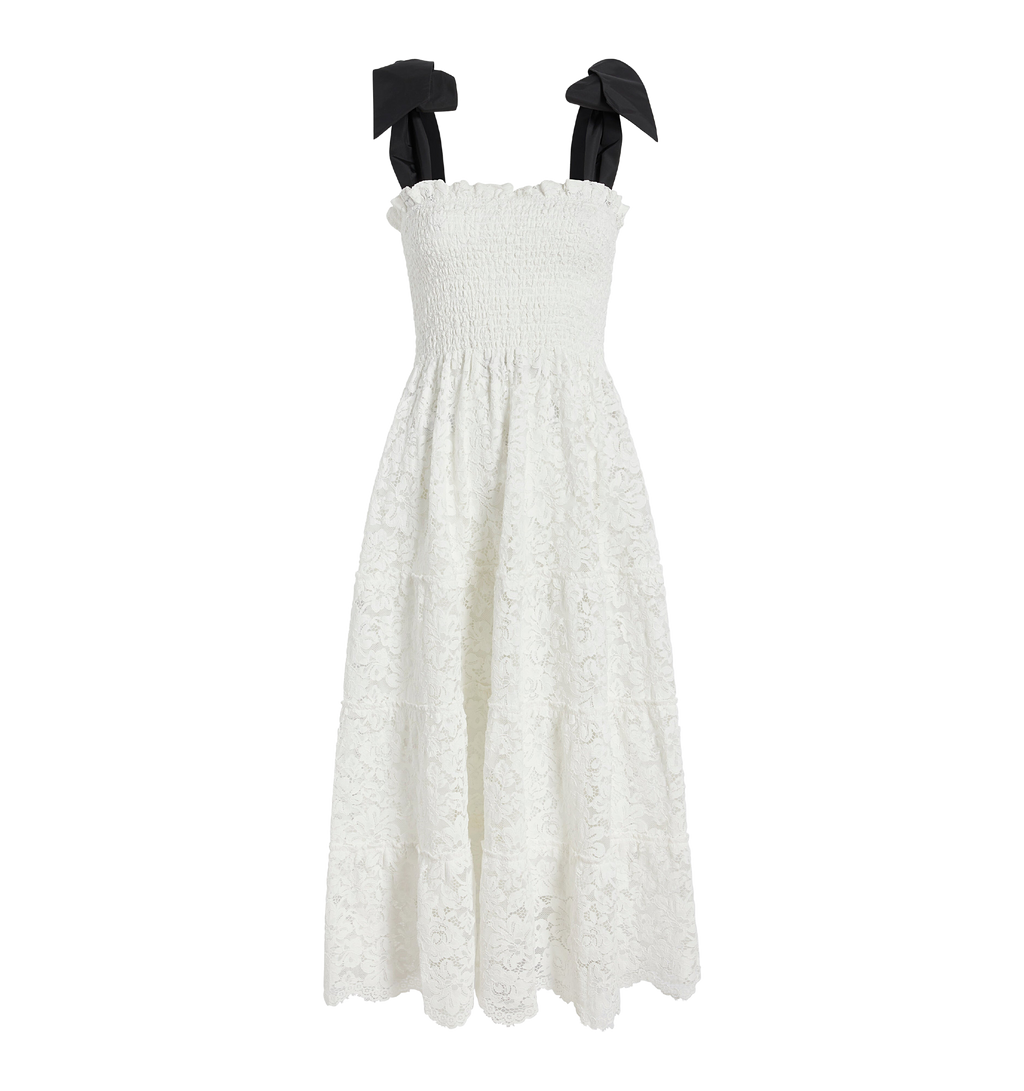The Lace Ribbon Ellie Nap Dress in White Lace with Black Ribbon
