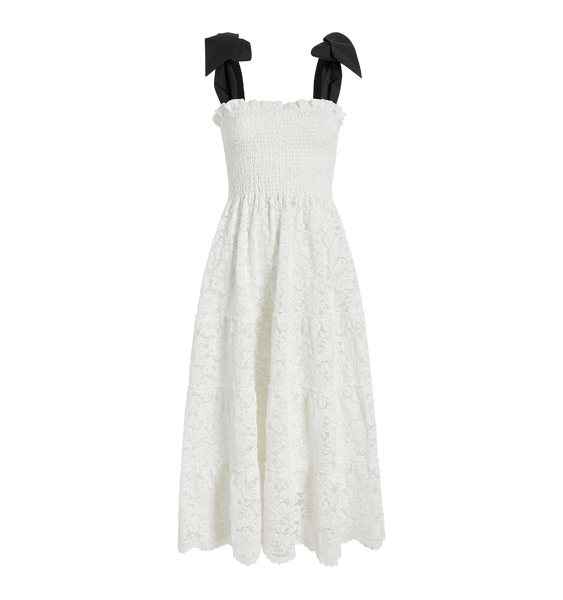 The Lace Ribbon Ellie Nap Dress in White Lace with Black Ribbon