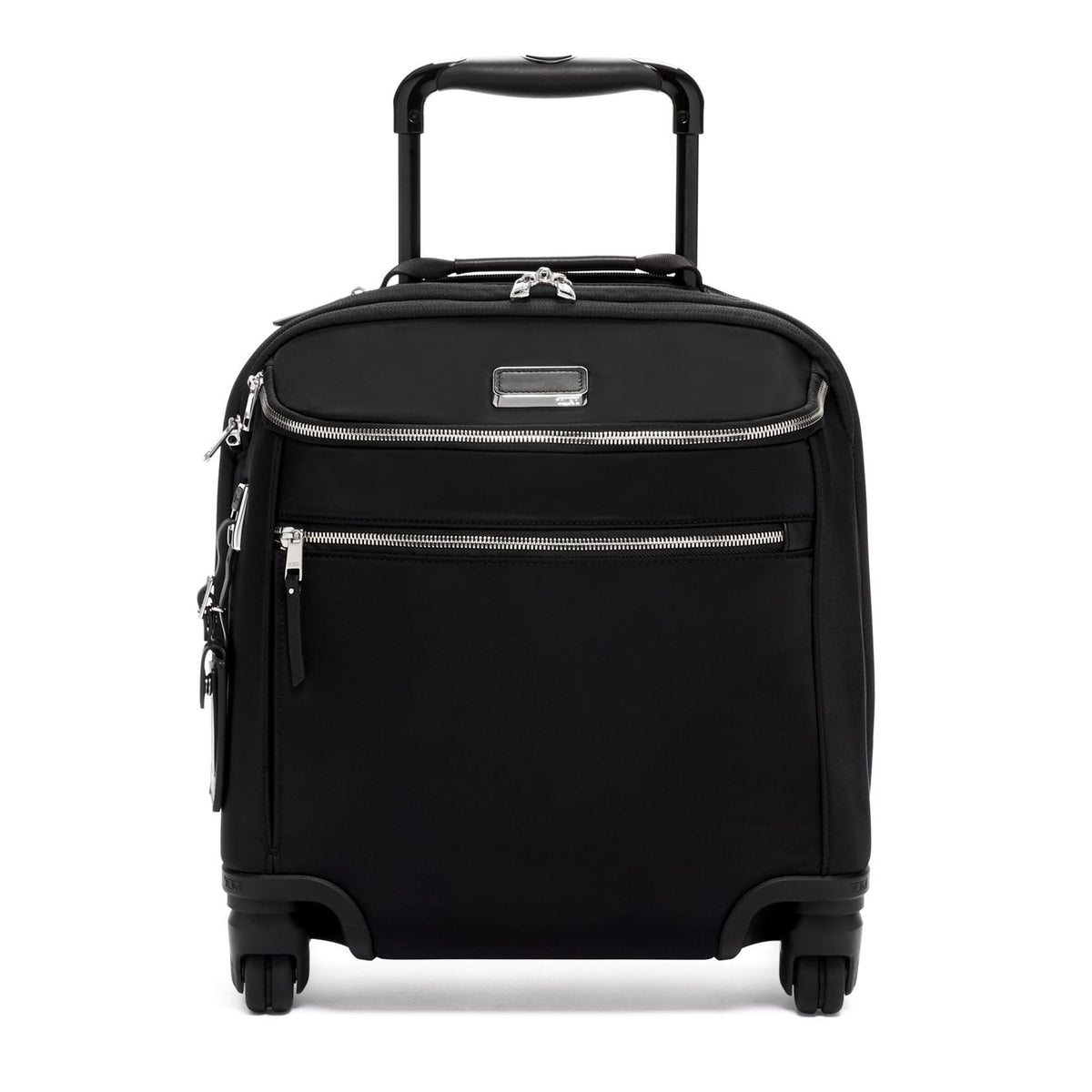 Front view of Voyageur Oxford Compact Carry-On in Black showcasing telescoping handle, zip pockets, and recessed wheels