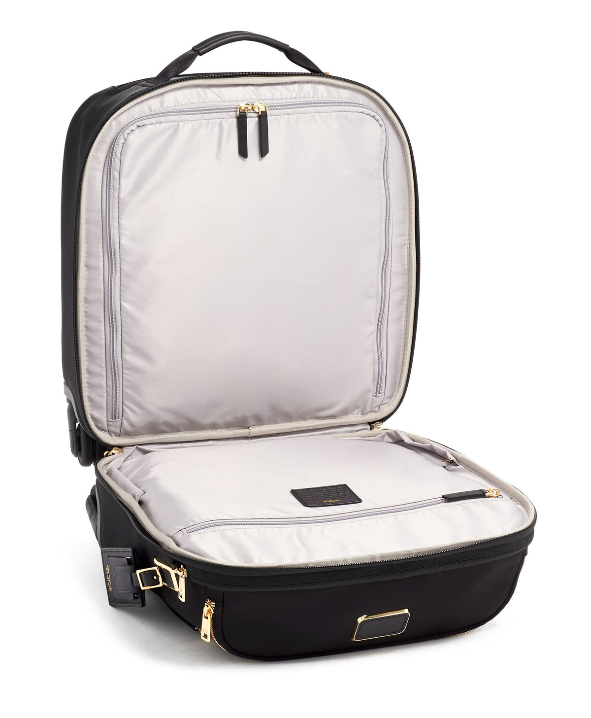 Open interior view of the black Voyageur Oxford Compact Carry-On showcasing zippered compartments and organized lining on a white background