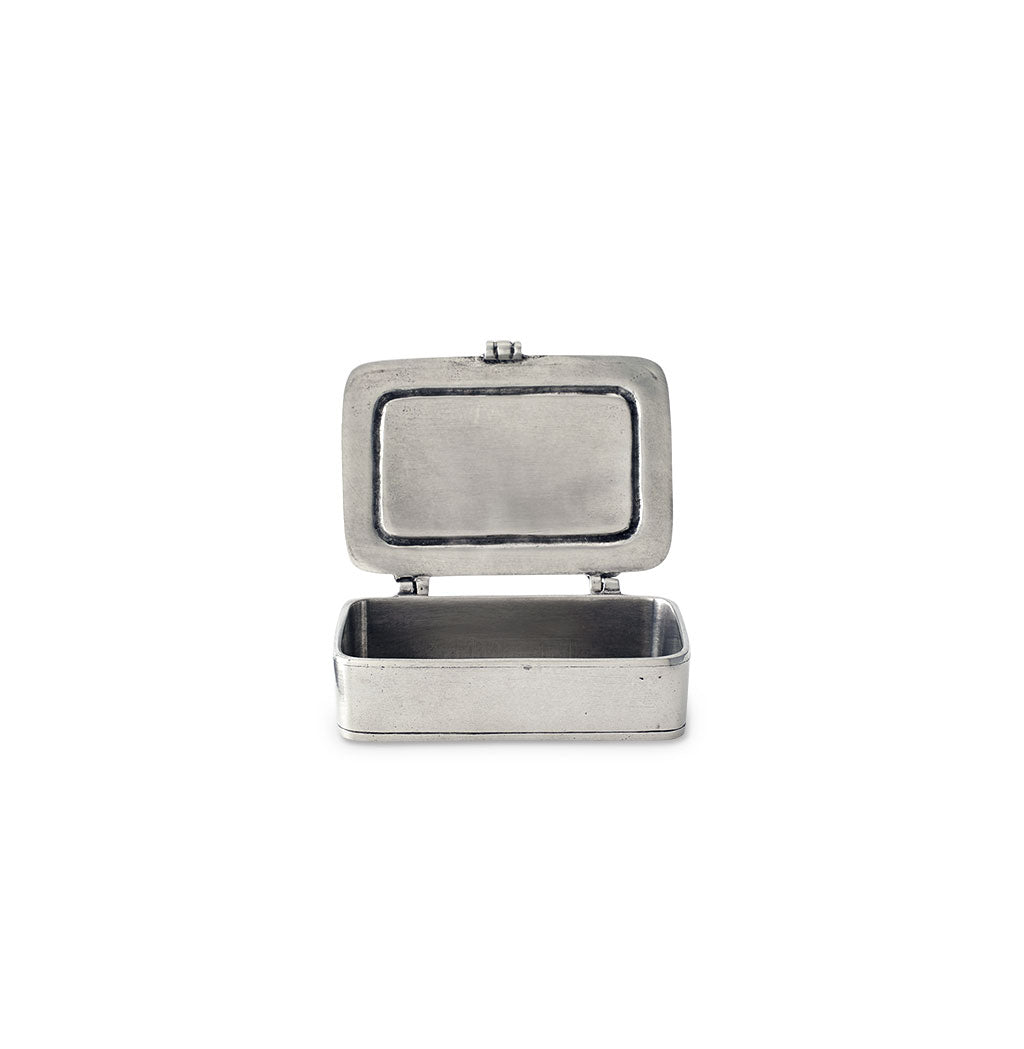 Front view of Large XOXO pewter keepsake box showcasing hinged lid open and empty interior on white background