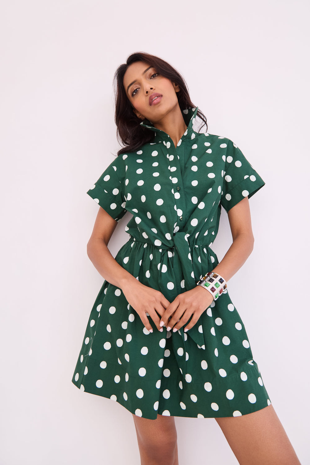 Asbury Mini Dress in Polka Dot Green