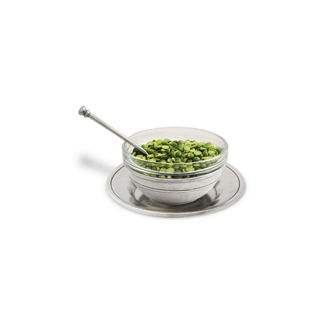 Front view of Condiment Uno with Spoon and Saucer showcasing removable glass insert, spoon, and saucer on white background