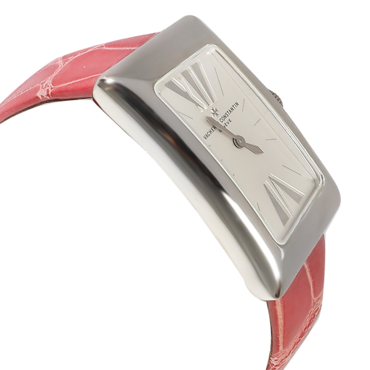 Angled close-up of Vacheron Constantin 1972 Cambree watch showing 18k white gold curved case and pink leather strap