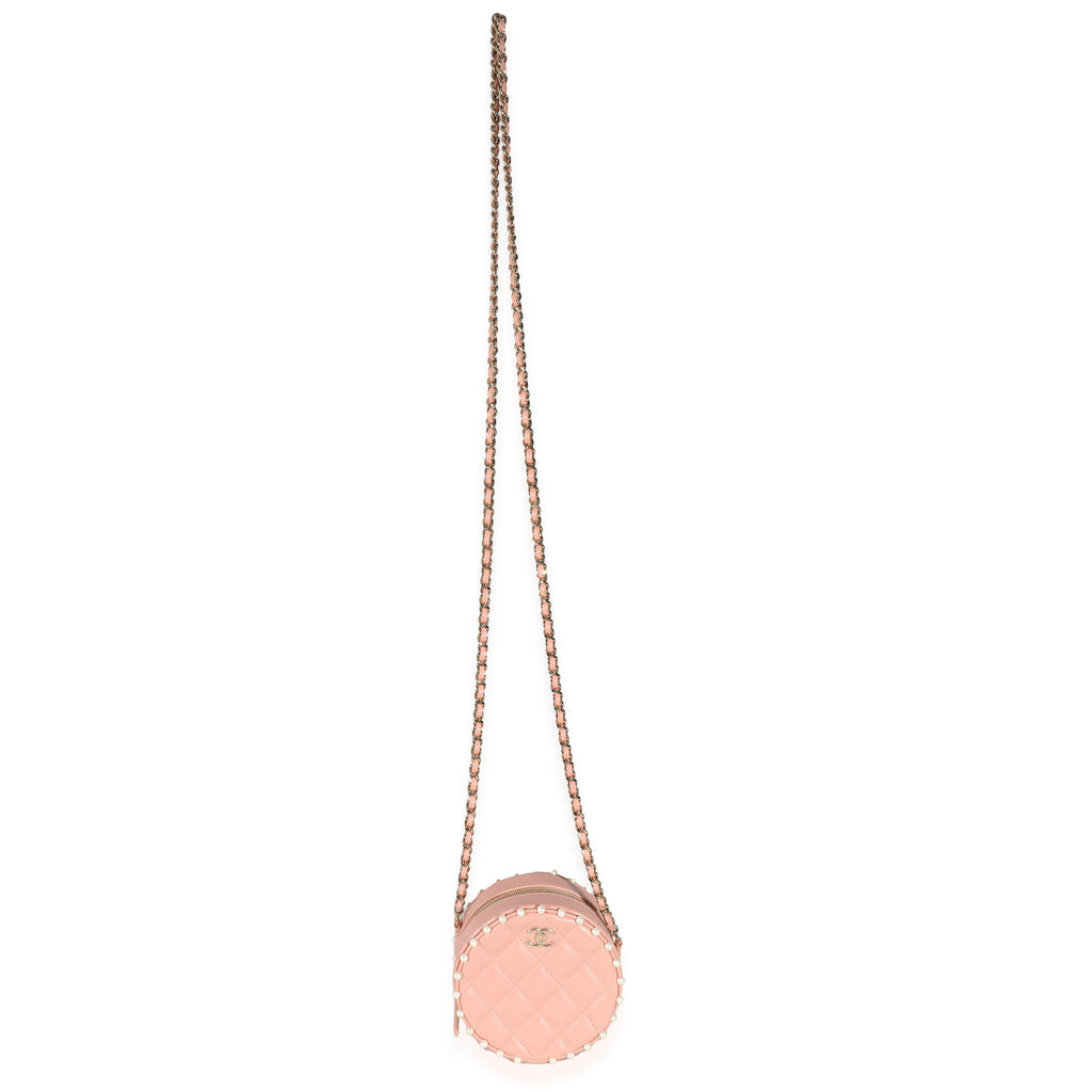 Chanel Pink Quilted Calfskin Pearl Round Clutch With Chain