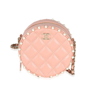 Chanel Pink Quilted Calfskin Pearl Round Clutch With Chain