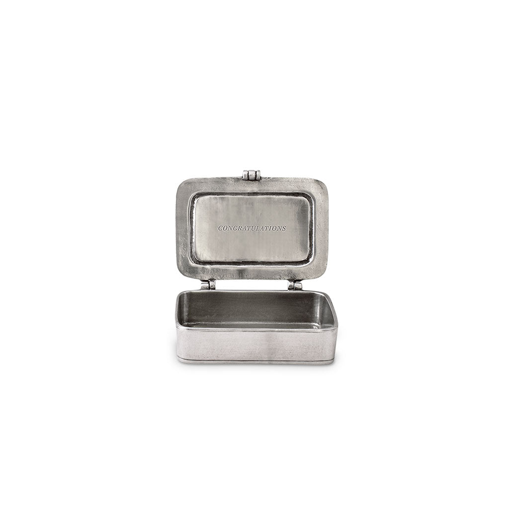 Front view of small pewter Congratulazioni box with hinged lid open showing engraved CONGRATULATIONS on white background