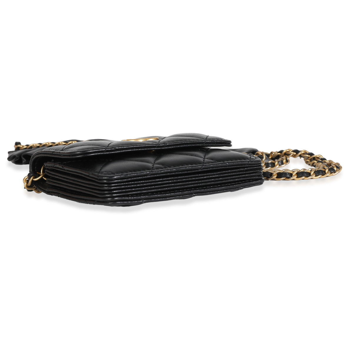 Chanel Black Quilted Lambskin Ruffled Card Holder On Chain Handbag box